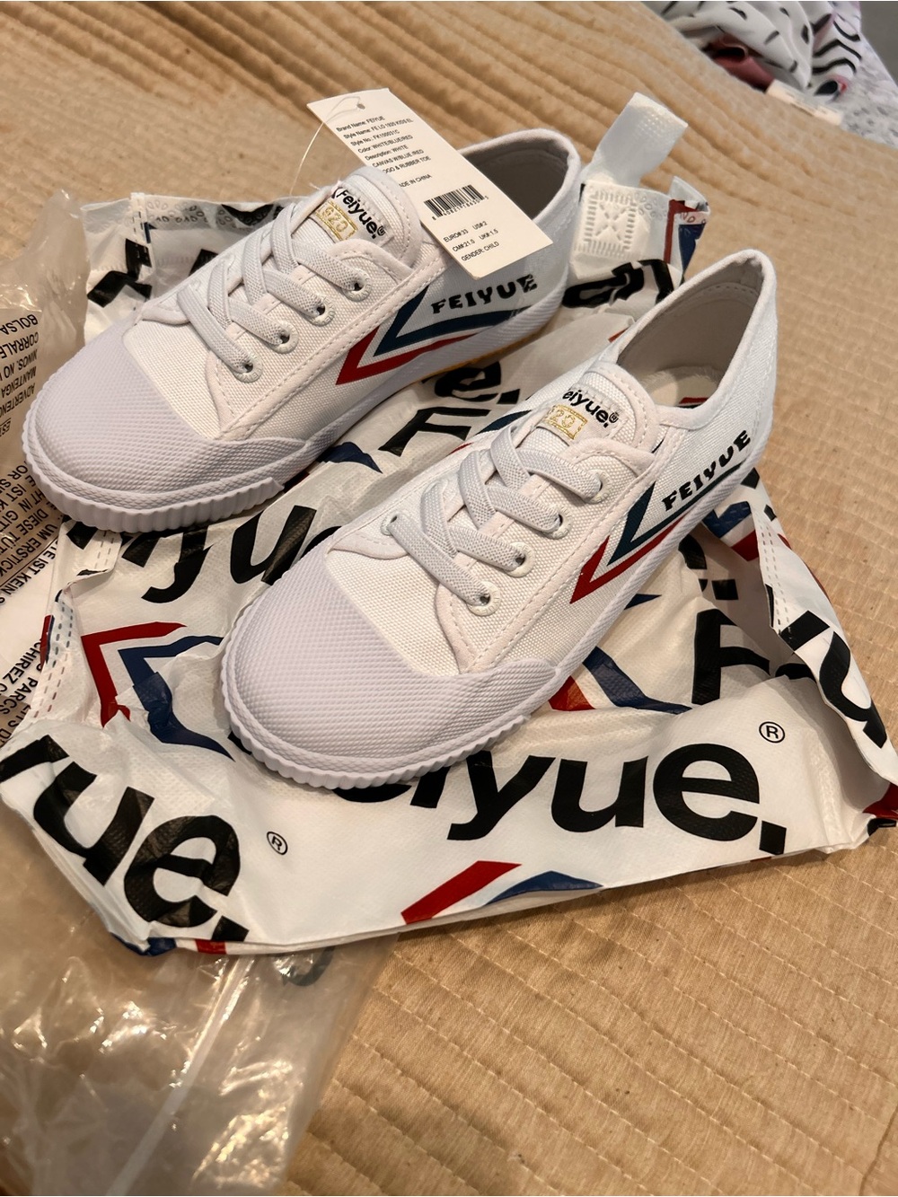 Feiyue Kids White Canvas Sneakers with Red & Blue Chevron unisex